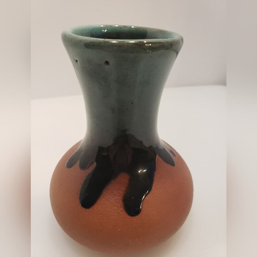 Handmade Mexican Terracotta Drip Glaze Bud Vase‎ Teal Blue Brown 5.5in